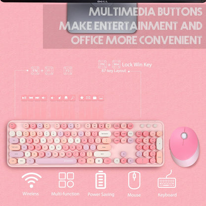 Wireless Keyboard and Mouse Combo, Sweet Mixed Color Cute Keyboard, 2.4G USB Ergonomic Keyboard and Mouse Combo