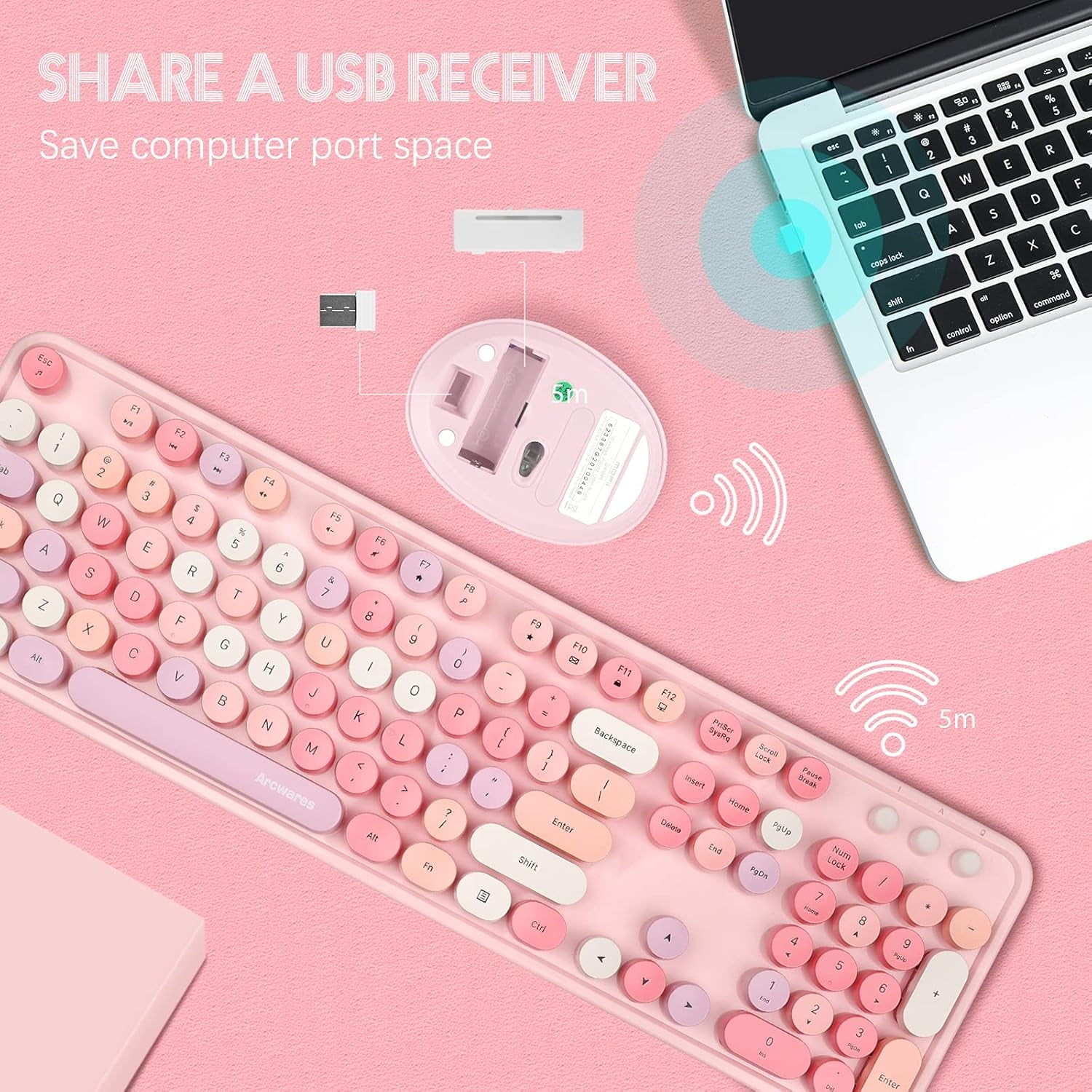 Wireless Keyboard and Mouse Combo, Sweet Mixed Color Cute Keyboard, 2.4G USB Ergonomic Keyboard and Mouse Combo